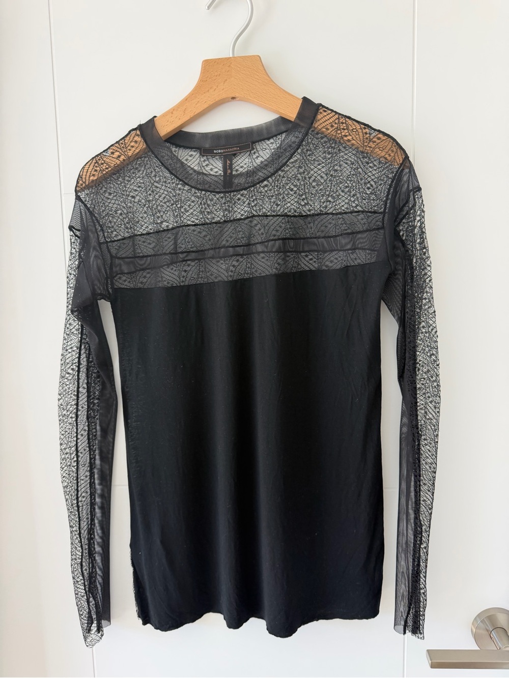 BCBGMaxAzria Black Lace & Mesh Crewneck Top